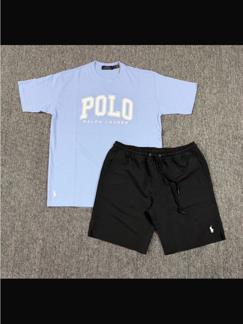 Polo by Ralph Lauren Light Blue Tee with Black Athletic Shorts